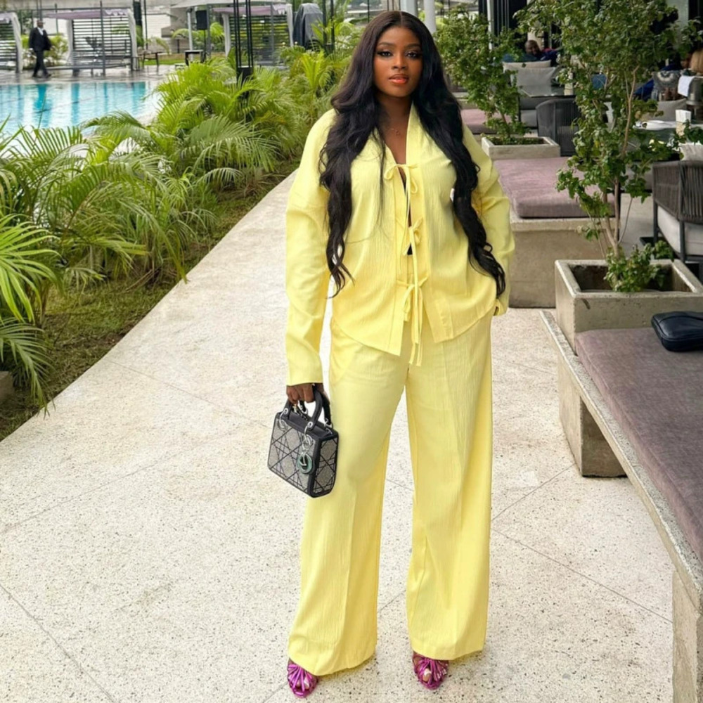 ZARA Stylish Casual Solid Pleated Bow Top African Straight Leg Pant Set